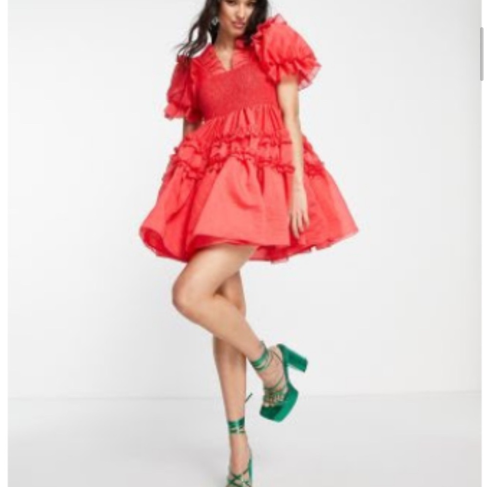 Dream Sister Jane short sleeve organza puff mini dress in red